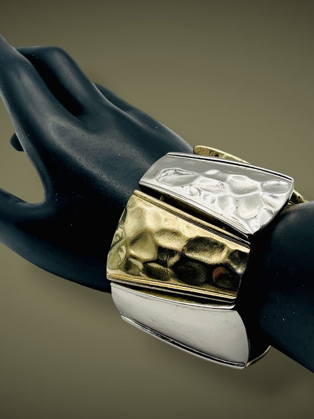 Fab Bold Vintage Gold and Silver Hammered Chunky Statement Stretch Bracelet
